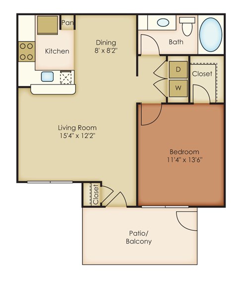 Floor plan for 1 bed, 1 bath, 690 sqft